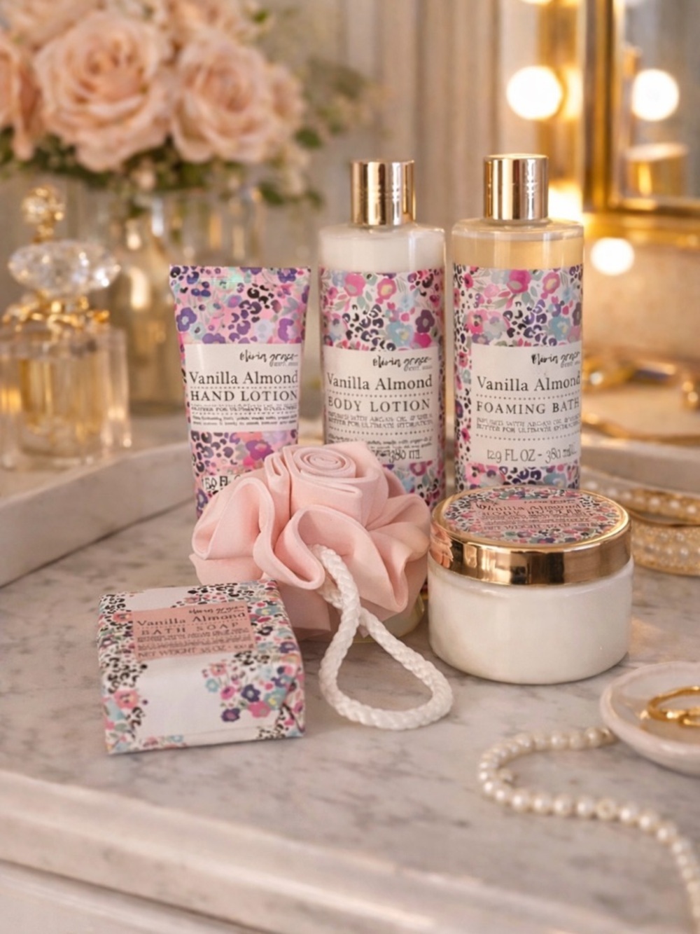 Olivia Grace Vanilla Almond Bath & Body Set Spa Gift Bundle Lotion Scrub Soap